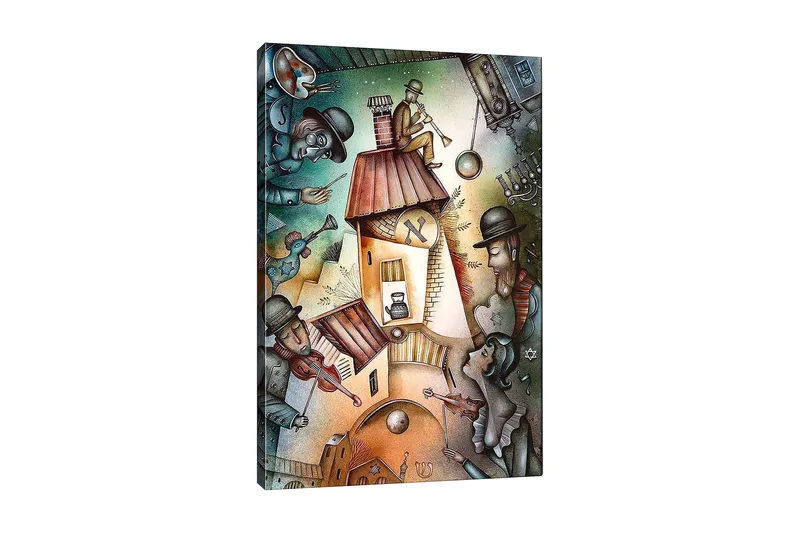 Canvastavla 70x100 cm - Livlig scen med musiker och en karaktär som spelar trumpet på taket av ett hus - Grön / Brun / Blå - Inredning - Tavlor & posters - Canvastavla