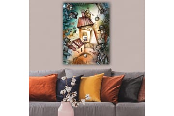 Canvastavla 70x100 cm - Livlig scen med musiker och en karaktär som spelar trumpet på taket av ett hus - Grön / Brun / Blå - Inredning - Tavlor & posters - Canvastavla