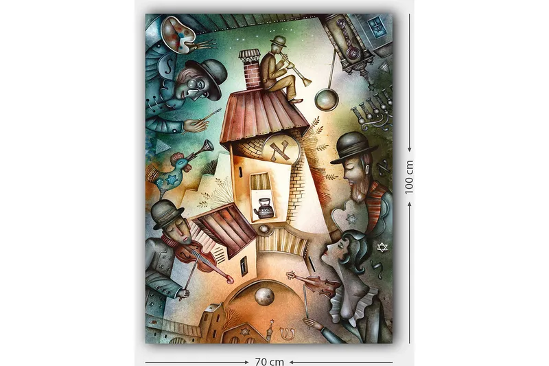 Canvastavla 70x100 cm - Livlig scen med musiker och en karaktär som spelar trumpet på taket av ett hus - Grön / Brun / Blå - Inredning - Tavlor & posters - Canvastavla