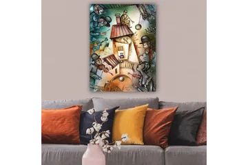 Canvastavla 70x100 cm - Livlig scen med musiker och en karaktär som spelar trumpet på taket av ett hus - Grön / Brun / Blå - Inredning - Tavlor & posters - Canvastavla