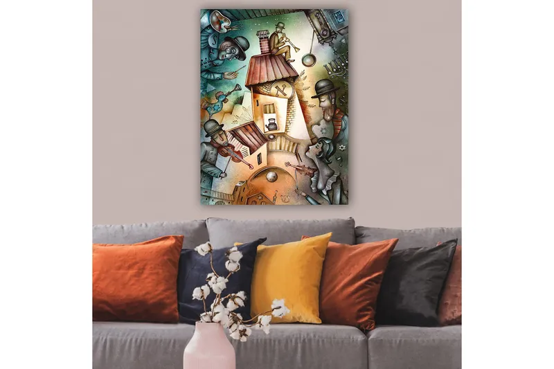 Canvastavla 70x100 cm - Livlig scen med musiker och en karaktär som spelar trumpet på taket av ett hus - Grön / Brun / Blå - Inredning - Tavlor & posters - Canvastavla