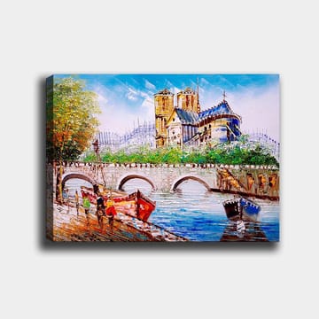 Canvastavla 70x100 cm - Livlig scen vid en bro med färgglada båtar och en imponerande byggnad i bakgrunden - Blå / Röd / Grön - Inredning - Tavlor & posters - Canvastavla