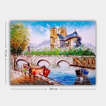 Canvastavla 70x100 cm - Livlig scen vid en bro med färgglada båtar och en imponerande byggnad i bakgrunden - Blå / Röd / Grön - Inredning - Tavlor & posters - Canvastavla