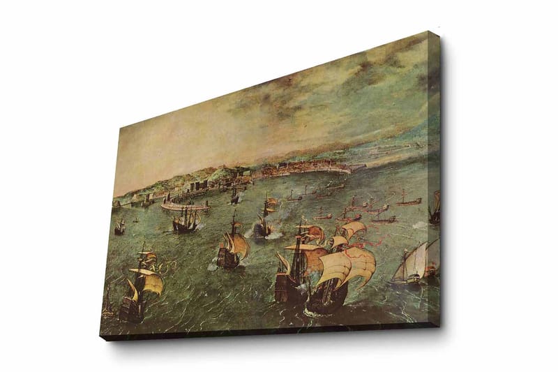 Canvastavla 70x100 cm - Livlig sjöscen med flera segelbåtar som navigerar genom vattnet, Grön / Brun / Beige