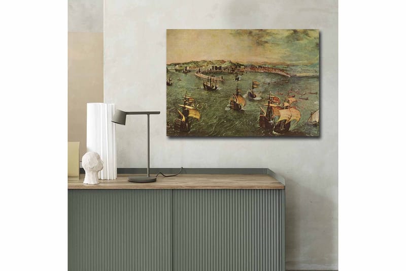 Canvastavla 70x100 cm - Livlig sjöscen med flera segelbåtar som navigerar genom vattnet - Grön / Brun / Beige - Inredning - Tavlor & posters - Canvastavla
