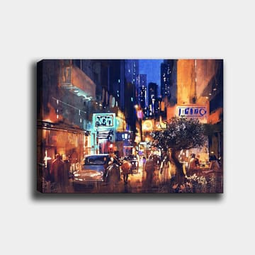 Canvastavla 70x100 cm - Livlig stadsbild med bilar och människor som rör sig genom en nattlig gata, omgiven av neonskyltar och höga byggnader - Mörkblå / Orange / Grön - Inredning - Tavlor & posters - Canvastavla