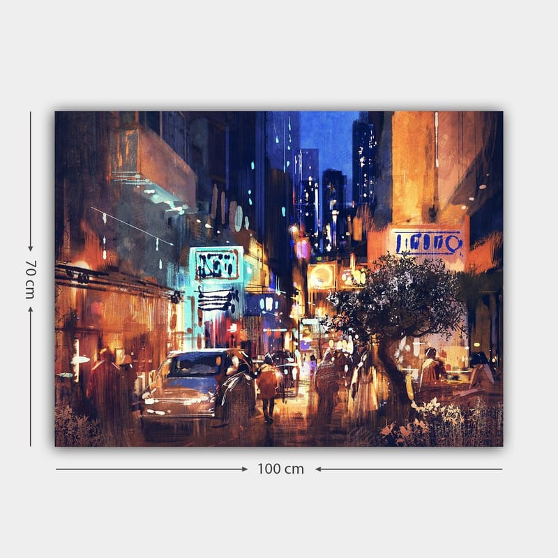 Canvastavla 70x100 cm - Livlig stadsbild med bilar och människor som rör sig genom en nattlig gata, omgiven av neonskyltar och höga byggnader - Mörkblå / Orange / Grön - Inredning - Tavlor & posters - Canvastavla