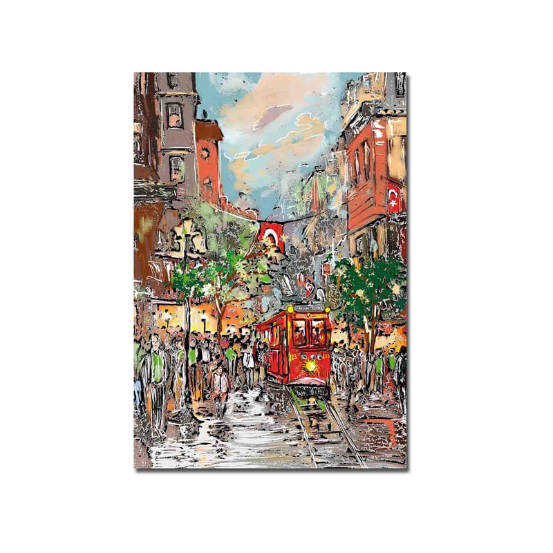 Canvastavla 70x100 cm - Livlig stadsbild med en röd spårvagn som färdas genom en regnig gata, omgiven av människor och träd - Röd / Grön / Brun - Inredning - Tavlor & posters - Canvastavla