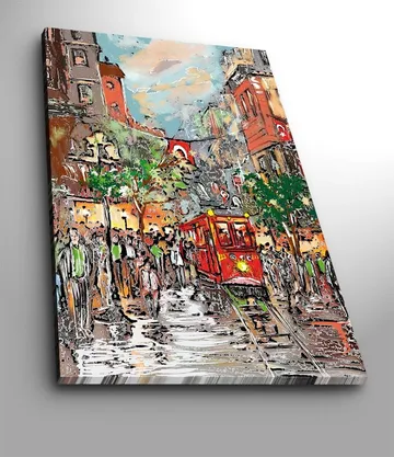 Canvastavla 70x100 cm - Livlig stadsbild med en röd spårvagn som färdas genom en regnig gata, omgiven av människor och träd - Röd / Grön / Brun - Inredning - Tavlor & posters - Canvastavla