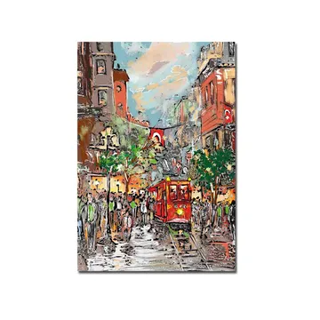 Canvastavla 70x100 cm - Livlig stadsbild med en röd spårvagn som färdas genom en regnig gata, omgiven av människor och träd - Röd / Grön / Brun - Inredning - Tavlor & posters - Canvastavla