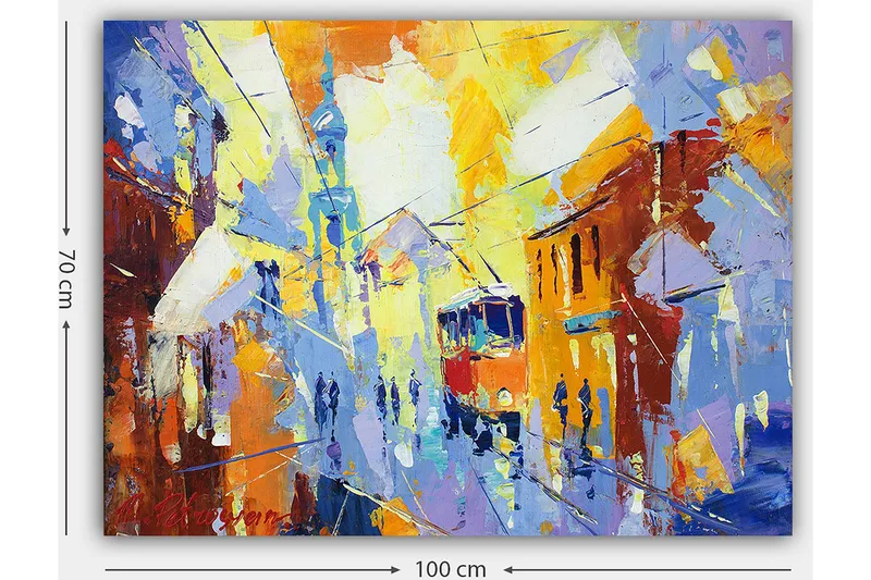 Canvastavla 70x100 cm - Livlig stadsbild med en spårvagn som rör sig genom en färgglad gata - Gul / Blå / Orange - Inredning - Tavlor & posters - Canvastavla