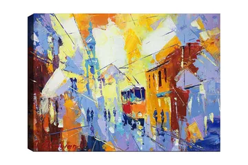Canvastavla 70x100 cm - Livlig stadsbild med en spårvagn som rör sig genom en färgglad gata - Gul / Blå / Orange - Inredning - Tavlor & posters - Canvastavla