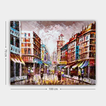 Canvastavla 70x100 cm - Livlig stadsbild med färgglada byggnader och människor som promenerar på en regnig gata - Röd / Blå / Gul - Inredning - Tavlor & posters - Canvastavla