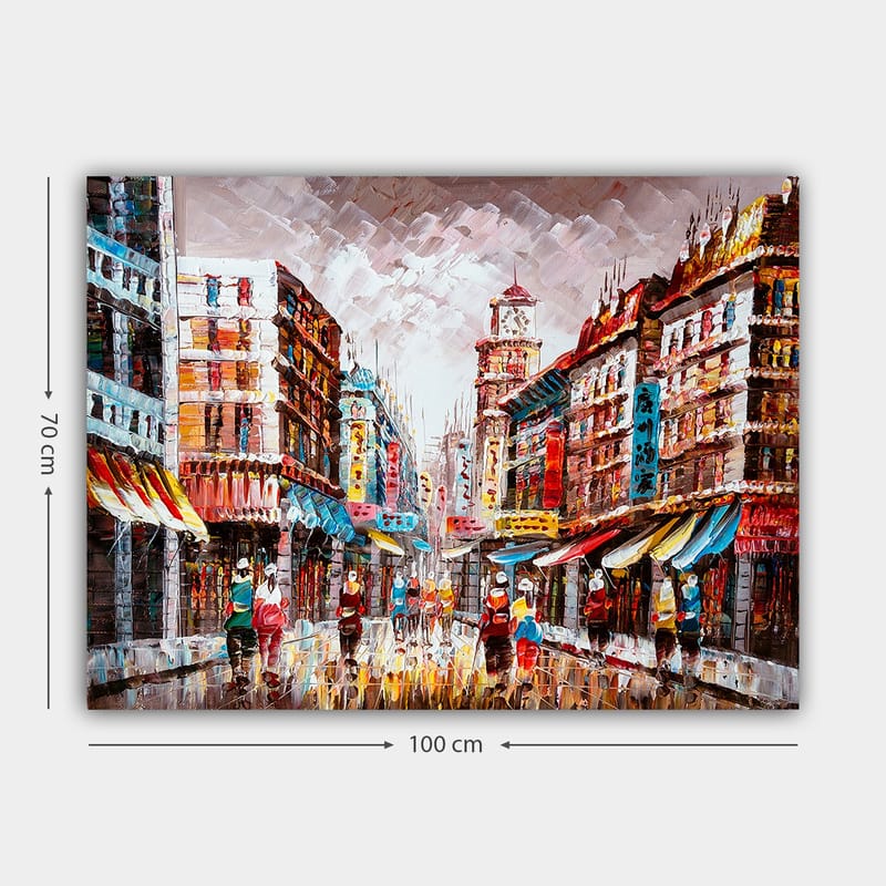 Canvastavla 70x100 cm - Livlig stadsbild med färgglada byggnader och människor som promenerar på en regnig gata - Röd / Blå / Gul - Inredning - Tavlor & posters - Canvastavla