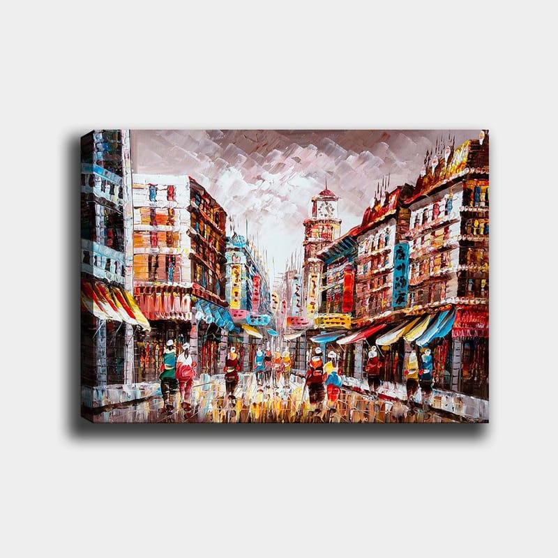 Canvastavla 70x100 cm - Livlig stadsbild med färgglada byggnader och människor som promenerar på en regnig gata, Röd / Blå / Gul