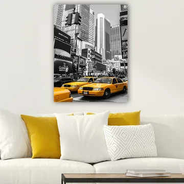 Canvastavla 70x100 cm - Livlig stadsbild med gula taxibilar som dominerar gatan i en urban miljö - Gul / Svart - Inredning - Tavlor & posters - Canvastavla