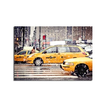 Canvastavla 70x100 cm - Livlig stadsbild med gula taxibilar som kör genom snöfall i New York City - Gul / Svart - Inredning - Tavlor & posters - Canvastavla