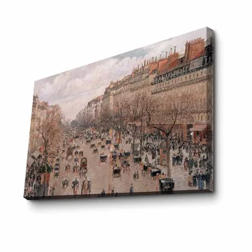 Canvastavla 70x100 cm - Livlig stadsbild med människor och hästdragna vagnar på en gata omgiven av träd och byggnader - Ljusrosa / Beige / Mörkgrön - Inredning - Tavlor & posters - Canvastavla