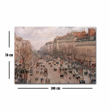 Canvastavla 70x100 cm - Livlig stadsbild med människor och hästdragna vagnar på en gata omgiven av träd och byggnader - Ljusrosa / Beige / Mörkgrön - Inredning - Tavlor & posters - Canvastavla