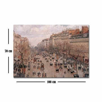 Canvastavla 70x100 cm - Livlig stadsbild med människor och hästdragna vagnar på en gata omgiven av träd och byggnader - Ljusrosa / Beige / Mörkgrön - Inredning - Tavlor & posters - Canvastavla