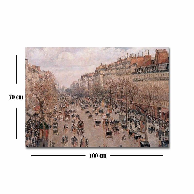 Canvastavla 70x100 cm - Livlig stadsbild med människor och hästdragna vagnar på en gata omgiven av träd och byggnader - Ljusrosa / Beige / Mörkgrön - Inredning - Tavlor & posters - Canvastavla