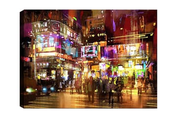 Canvastavla 70x100 cm - Livlig stadsbild med människor som rör sig bland färgglada neonskyltar och ljus - Lila / Gul / Grön - Inredning - Tavlor & posters - Canvastavla