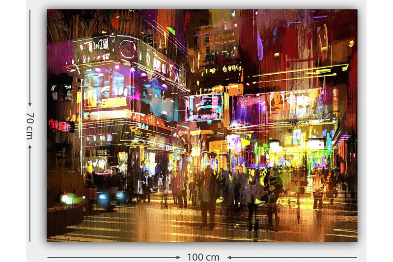 Canvastavla 70x100 cm - Livlig stadsbild med människor som rör sig bland färgglada neonskyltar och ljus - Lila / Gul / Grön - Inredning - Tavlor & posters - Canvastavla