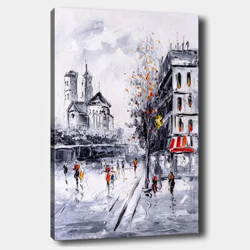 Canvastavla 70x100 cm - Livlig stadsbild med människor som promenerar framför en kyrka och byggnader i en höstlig miljö - Grå / Orange / Svart - Inredning - Tavlor & posters - Canvastavla