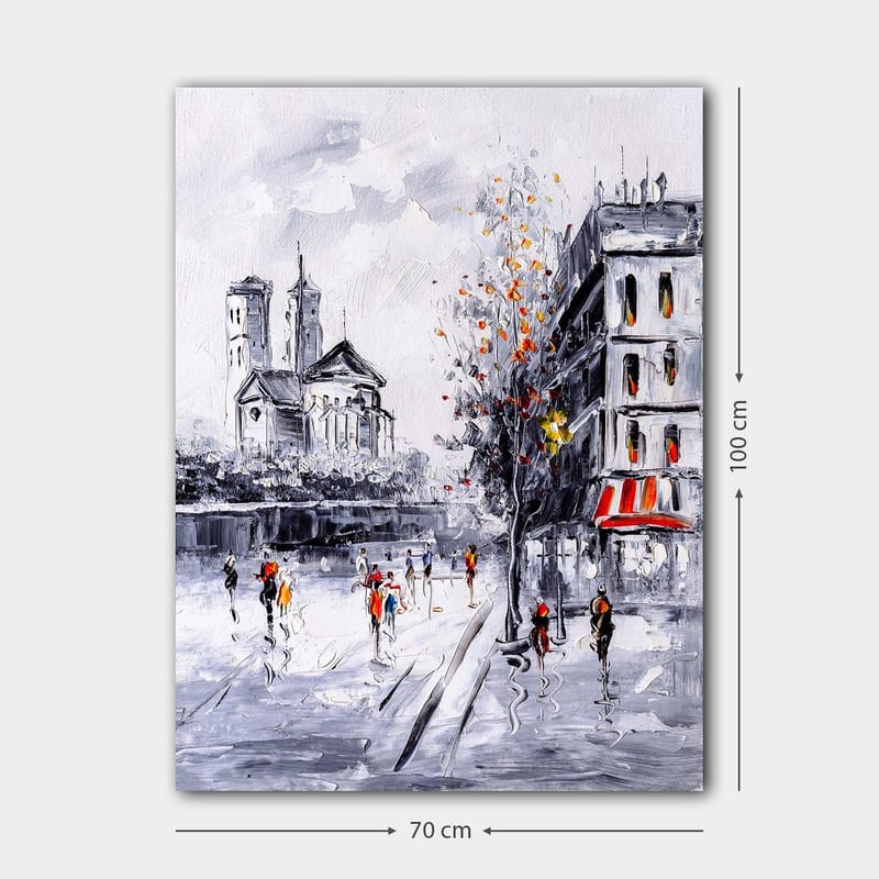 Canvastavla 70x100 cm - Livlig stadsbild med människor som promenerar framför en kyrka och byggnader i en höstlig miljö - Grå / Orange / Svart - Inredning - Tavlor & posters - Canvastavla