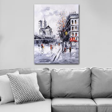 Canvastavla 70x100 cm - Livlig stadsbild med människor som promenerar framför en kyrka och byggnader i en höstlig miljö - Grå / Orange / Svart - Inredning - Tavlor & posters - Canvastavla