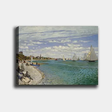 Canvastavla 70x100 cm - Livlig strandscen med segelbåtar som glider fram över vattnet - Blå / Vit / Grön - Inredning - Tavlor & posters - Canvastavla