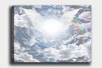 Canvastavla 70x100 cm - Ljus och drömlik himmel med änglavingar som sträcker sig mot en strålande mittpunkt - Vit / Ljusblå / Grå - Inredning - Tavlor & posters - Canvastavla