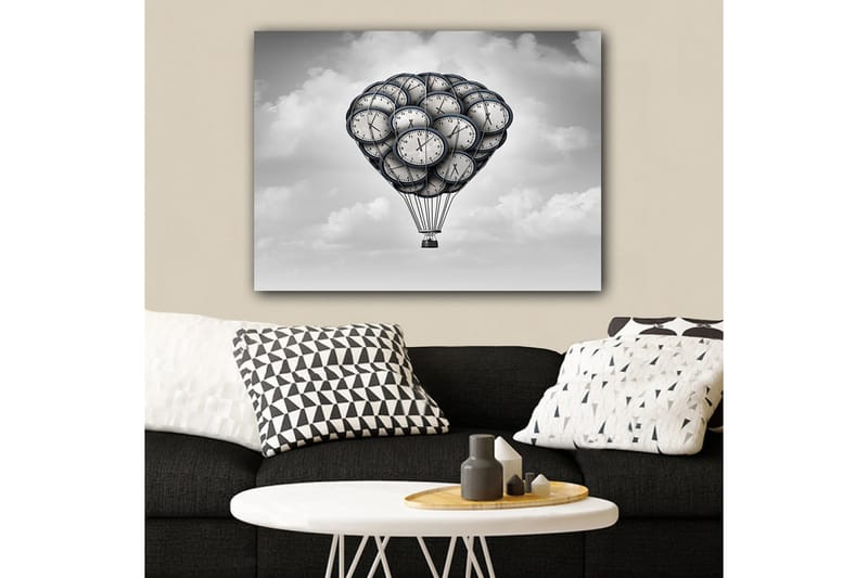 Canvastavla 70x100 cm - Luftballong formad av klockor som svävar i en drömlik himmel - Grå / Svart / Vit - Inredning - Tavlor & posters - Canvastavla
