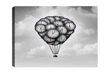 Canvastavla 70x100 cm - Luftballong formad av klockor som svävar i en drömlik himmel - Grå / Svart / Vit - Inredning - Tavlor & posters - Canvastavla