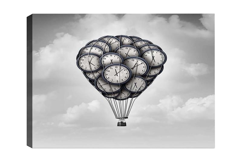 Canvastavla 70x100 cm - Luftballong formad av klockor som svävar i en drömlik himmel, Grå / Svart / Vit