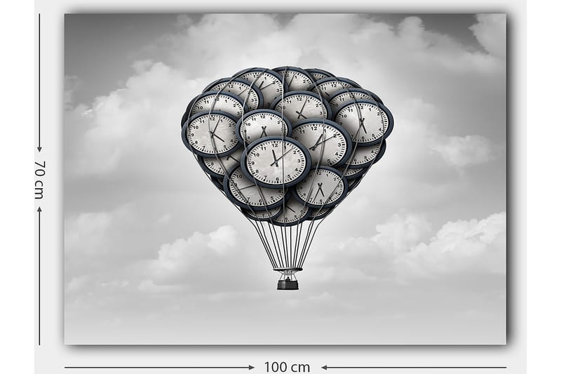 Canvastavla 70x100 cm - Luftballong formad av klockor som svävar i en drömlik himmel - Grå / Svart / Vit - Inredning - Tavlor & posters - Canvastavla