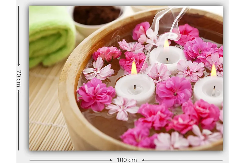 Canvastavla 70x100 cm - Lugn och avkopplande skål med flytande blommor och ljus - Rosa / Vit / Gul - Inredning - Tavlor & posters - Canvastavla