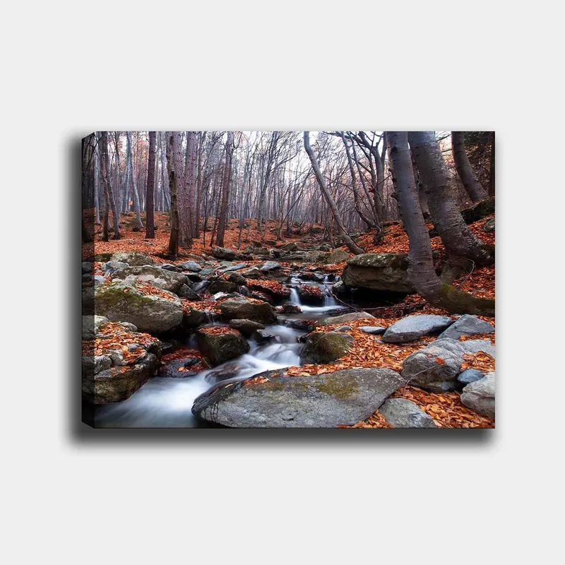 Canvastavla 70x100 cm - Lugn skogsscen med en porlande bäck omgiven av höstfärgade löv och stenar, Grå / Orange / Brun