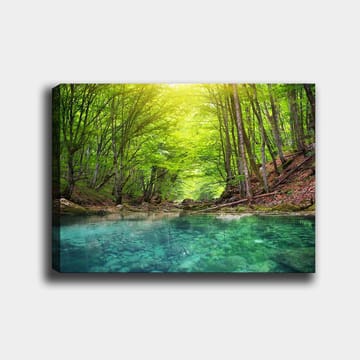 Canvastavla 70x100 cm - Lugn skogssjö omgiven av frodiga gröna träd och klippiga stränder - Grön / Turkos - Inredning - Tavlor & posters - Canvastavla