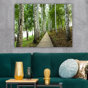 Canvastavla 70x100 cm - Lugn skogsväg omgiven av björkar och grönskande vegetation - Grön / Vit / Brun - Inredning - Tavlor & posters - Canvastavla