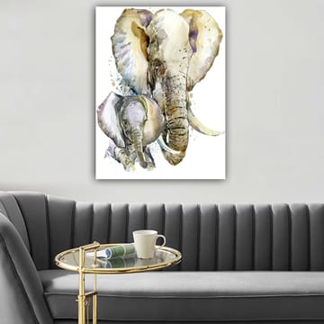 Canvastavla 70x100 cm - Målningen föreställer en stor och en liten elefant i en mjuk och färgstark akvarellstil - Grå / Beige / Lila - Inredning - Tavlor & posters - Canvastavla