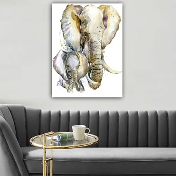 Canvastavla 70x100 cm - Målningen föreställer en stor och en liten elefant i en mjuk och färgstark akvarellstil - Grå / Beige / Lila - Inredning - Tavlor & posters - Canvastavla
