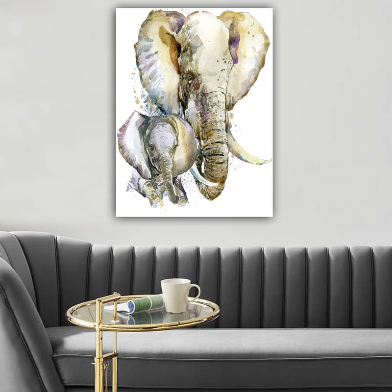 Canvastavla 70x100 cm - Målningen föreställer en stor och en liten elefant i en mjuk och färgstark akvarellstil - Grå / Beige / Lila - Inredning - Tavlor & posters - Canvastavla