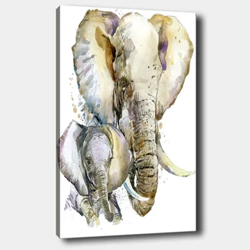 Canvastavla 70x100 cm - Målningen föreställer en stor och en liten elefant i en mjuk och färgstark akvarellstil - Grå / Beige / Lila - Inredning - Tavlor & posters - Canvastavla