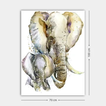 Canvastavla 70x100 cm - Målningen föreställer en stor och en liten elefant i en mjuk och färgstark akvarellstil - Grå / Beige / Lila - Inredning - Tavlor & posters - Canvastavla