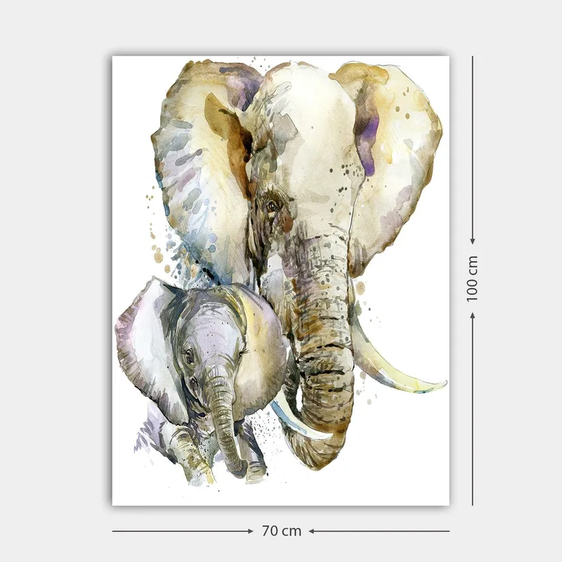Canvastavla 70x100 cm - Målningen föreställer en stor och en liten elefant i en mjuk och färgstark akvarellstil - Grå / Beige / Lila - Inredning - Tavlor & posters - Canvastavla