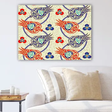 Canvastavla 70x100 cm - Mönster av stiliserade blommor och blad i livliga färger - Röd / Blå / Beige - Inredning - Tavlor & posters - Canvastavla