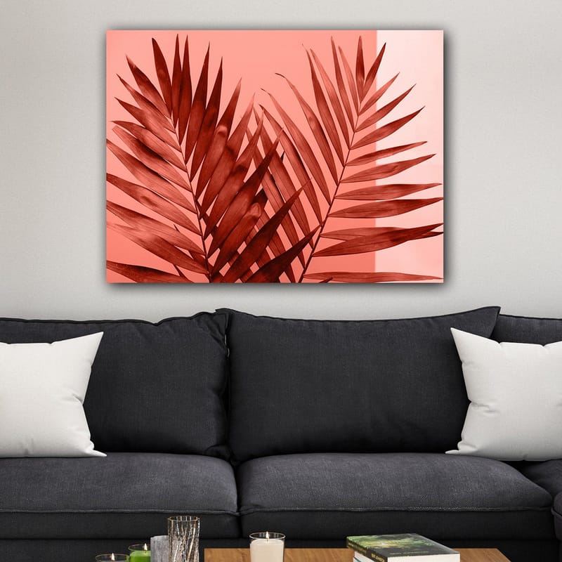 Canvastavla 70x100 cm - Mörka palmblad mot en ljus korallbakgrund - Mörkröd / Korall - Inredning - Tavlor & posters - Canvastavla