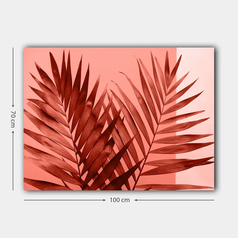Canvastavla 70x100 cm - Mörka palmblad mot en ljus korallbakgrund - Mörkröd / Korall - Inredning - Tavlor & posters - Canvastavla