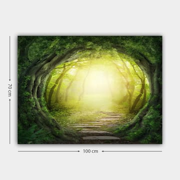Canvastavla 70x100 cm - Magisk skogsgång med ljus som strålar genom trädens grönska - Grön / Ljusgul - Inredning - Tavlor & posters - Canvastavla